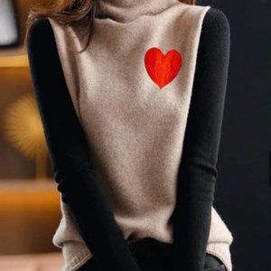Retro 70s Heart Color Block Turtleneck Sweater
